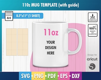 Puede incluir: Una plantilla de taza blanca de 11 oz con fondo rosa. La taza tiene un asa y el texto "11oz" y "YOUR DESIGN HERE" está impreso en la parte delantera. La plantilla está diseñada para Cricut.