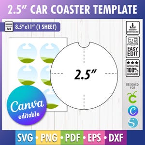 May include: A printable template for 2.5 inch car coasters. The template includes six circles with a green and blue landscape design. The template is designed for use with Canva and includes the text "Canva editable".