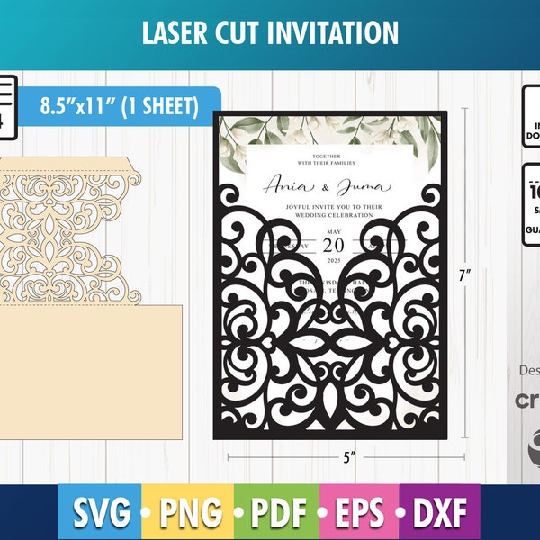5x7 Laser cut Pocket Wedding Invitation Envelope, SVG, Ai, Dxf, Eps, Pdf Template, Silhouette Cameo, Cricut digital cutting file