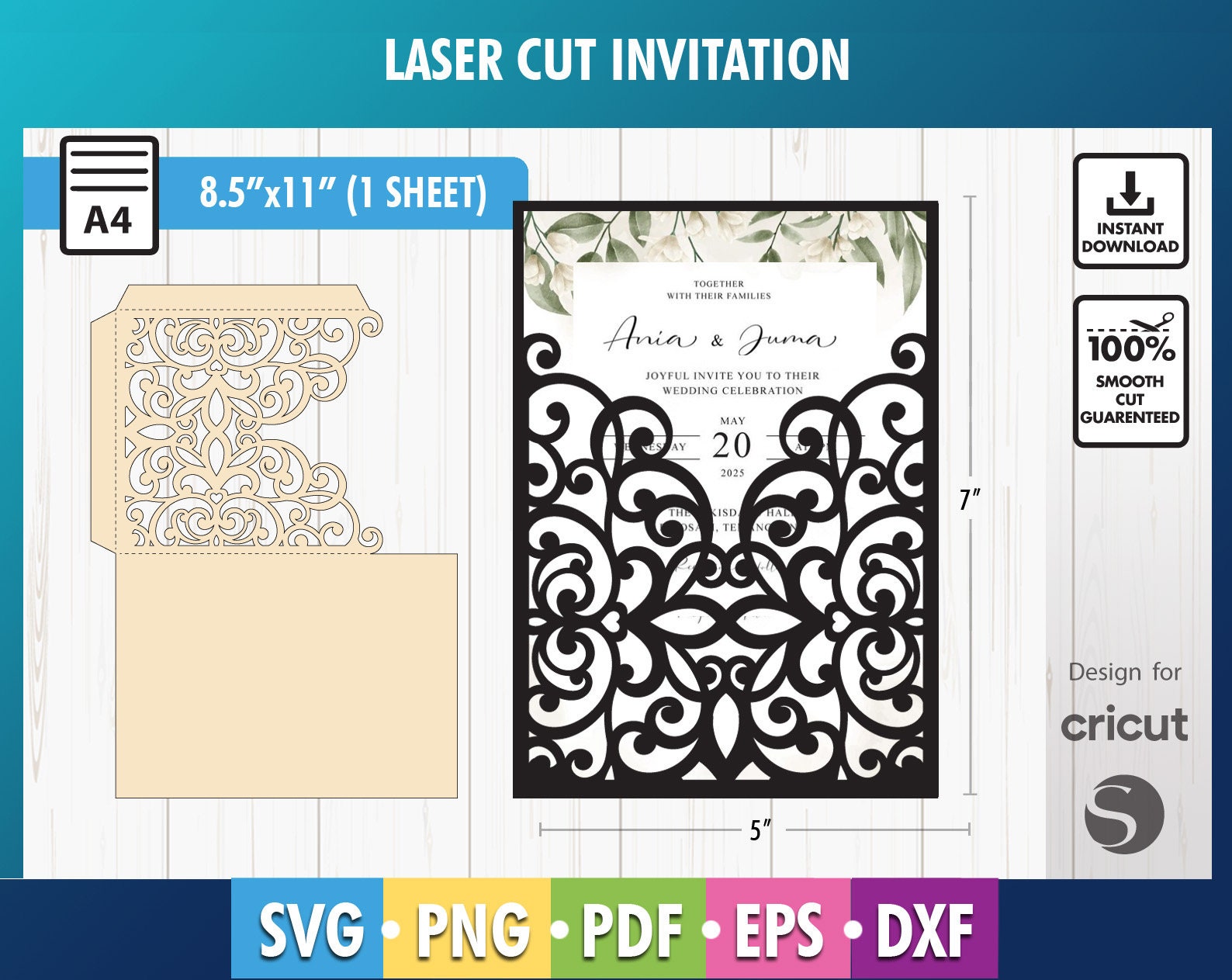 5x7 Laser cut Pocket Wedding Invitation Envelope, SVG, Ai, Dxf, Eps, Pdf Template, Silhouette Cameo, Cricut digital cutting file