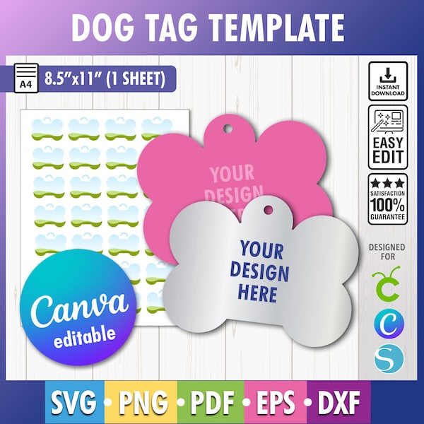 Dog Bone tag template, Dog tag svg Dog tag sublimation template Personalized pet ID bone tag Canva template for sublimation Dog tag template
