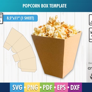 Plantilla de archivo de corte de caja de palomitas de maíz, plantilla de caja de palomitas de maíz pequeña, caja de palomitas de maíz, bricolaje, decoraciones de fiesta, regalos de fiesta, hoja A4, SVG, PNG, PDF