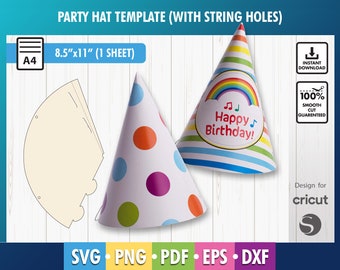 May include: Printable party hat template with two design options. One hat has a rainbow and the text "Happy Birthday!" and the other has colorful polka dots. The template is designed for 8.5 x 11 inch paper and includes instructions for cutting and assembling the hat.