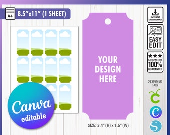 Puede incluir: Una plantilla de etiqueta de regalo imprimible con un diseño de colina verde y cielo azul. La plantilla incluye 12 etiquetas de regalo, cada una mide 8,6 cm de alto por 4,1 cm de ancho. La plantilla está diseñada para usar con Canva y está disponible en los formatos SVG, PNG, PDF, EPS y DXF.