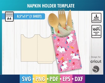 Puede incluir: Una plantilla imprimible para un porta servilletas con un patrón de unicornio. La plantilla está diseñada para usar con una máquina de corte Cricut y mide 8,5 pulgadas por 11 pulgadas. La plantilla incluye una línea de corte para el porta servilletas y un patrón de unicornio con colores rosa, blanco y azul.