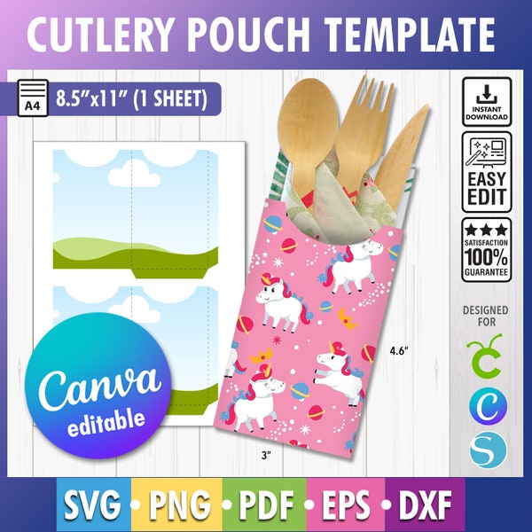 Cutlery pouch Template, Cutlery Set template, Cutlery Paper Holder Template, SVG, Canva Editable, Png Cutlery holder SVG, kid party template