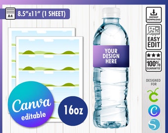 Water Bottle Labels Template, Water Bottle Label Blank Template, Canva Editable Template, DIY Label Template, Party Template, Party Favors