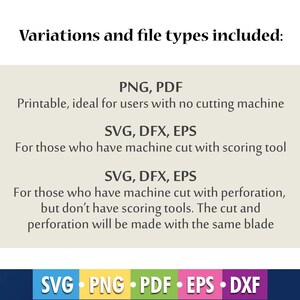 Puede incluir: Texto que describe los diferentes tipos de archivos incluidos en una descarga digital: PNG, PDF, SVG, DFX y EPS. El texto explica que los archivos PNG y PDF son imprimibles, mientras que los archivos SVG, DFX y EPS son para m&aacute;quinas de corte. El texto tambi&eacute;n menciona que los archivos SVG, DFX y EPS se pueden usar con o sin una herramienta de puntuaci&oacute;n.