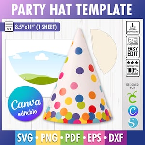 Partyhut-Vorlage, Partyhut-Svg, Geburtstagshut-Vorlage, leere Hut-Vorlage, Papierhut-Vorlage, Partyhut-Vorlage ohne Kleber, Canva Bearbeitbar