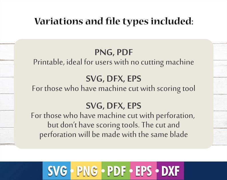 Puede incluir: Texto que describe los diferentes tipos de archivos incluidos en una descarga digital: PNG, PDF, SVG, DFX y EPS. El texto explica que los archivos PNG y PDF son imprimibles, mientras que los archivos SVG, DFX y EPS son para m&aacute;quinas de corte. El texto tambi&eacute;n explica que los archivos SVG, DFX y EPS se pueden usar con o sin una herramienta de puntuaci&oacute;n.