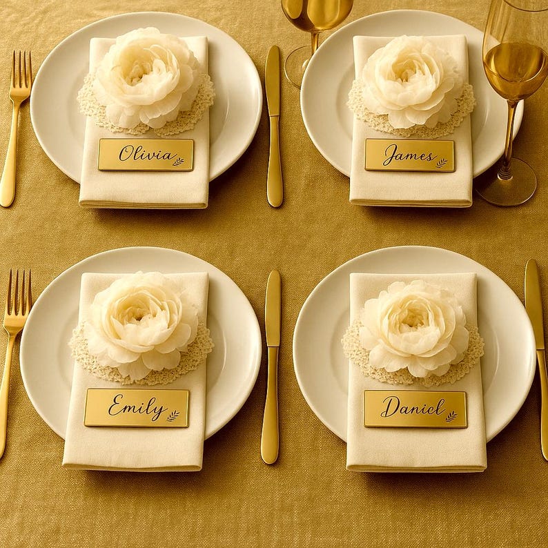 Personalized Gold Mirror Name Tags for Wedding Table Setting – Elegant ...