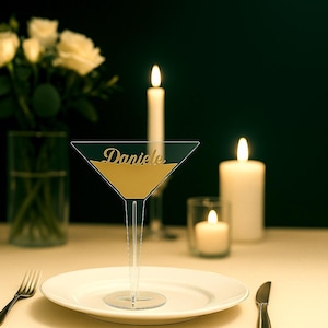 Etichetta personalizzata per bicchiere da cocktail • Segnaposto per matrimonio • Targa per nome ospite in acrilico con specchio dorato • Segnaposto personalizzato per tavolo
