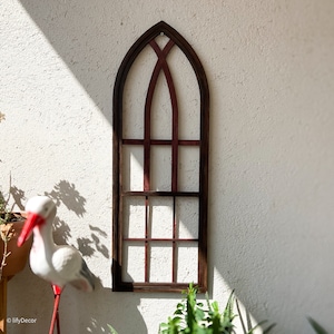 Cathedral window, Church Window, Farmhouse Window Frames. Antique indark brown tones, Wall Hanging, Wall Decoration, Wall art