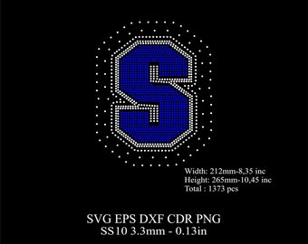 May include: Blue rhinestone letter S with a white outline. The letter is approximately 8.35 inches wide and 10.45 inches tall. The letter is made up of 1373 rhinestones.