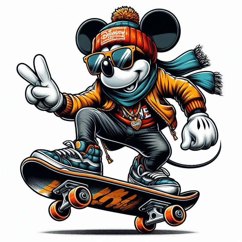 Peut inclure: Une illustration de dessin anim&eacute; de Mickey Mouse portant un bonnet rouge et blanc, des lunettes de soleil, une &eacute;charpe bleue et une veste jaune. Il fait du skateboard avec un geste de paix.