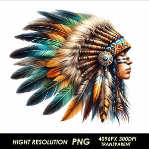 May include: A colorful Native American headdress with feathers in shades of blue, green, yellow, and orange. The headdress is worn by a person with black hair and a painted face.