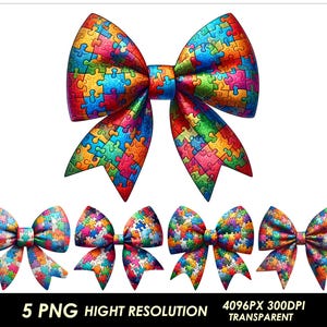 May include: Five colorful bow designs with a puzzle piece pattern. Each bow is a different color combination of red, blue, green, yellow, and orange.