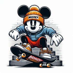 Peut inclure: Mickey Mouse portant un sweat &agrave; capuche bleu et un bonnet orange avec le mot "Mickey" dessus, fait du skateboard en descendant un escalier. Le skateboard porte le mot "Honkers" dessus.