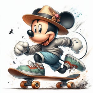 Peut inclure: Mickey Mouse portant un chapeau brun avec une fleur rouge, un pull gris et un short bleu, fait du skateboard. Il sourit et a l'air d&eacute;termin&eacute;.