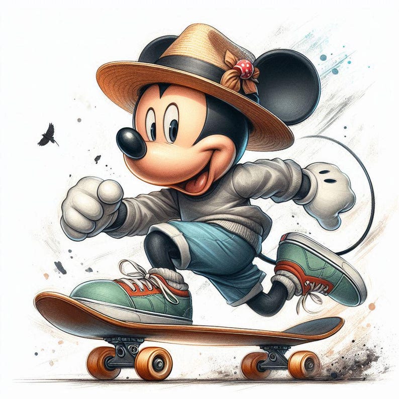 Peut inclure: Mickey Mouse portant un chapeau brun avec une fleur rouge, un pull gris et un short bleu, fait du skateboard. Il sourit et a l'air d&eacute;termin&eacute;.