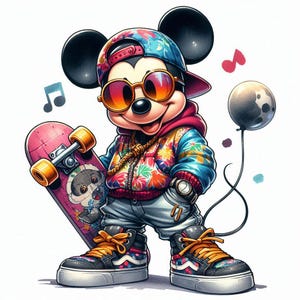 Peut inclure: Une illustration de dessin anim&eacute; de Mickey Mouse portant une chemise hawa&iuml;enne color&eacute;e, des lunettes de soleil, une casquette de baseball et des baskets. Il tient une planche &agrave; roulettes rose avec un animal de dessin anim&eacute; dessus. Il y a des notes de musique et un ballon en arri&egrave;re-plan.