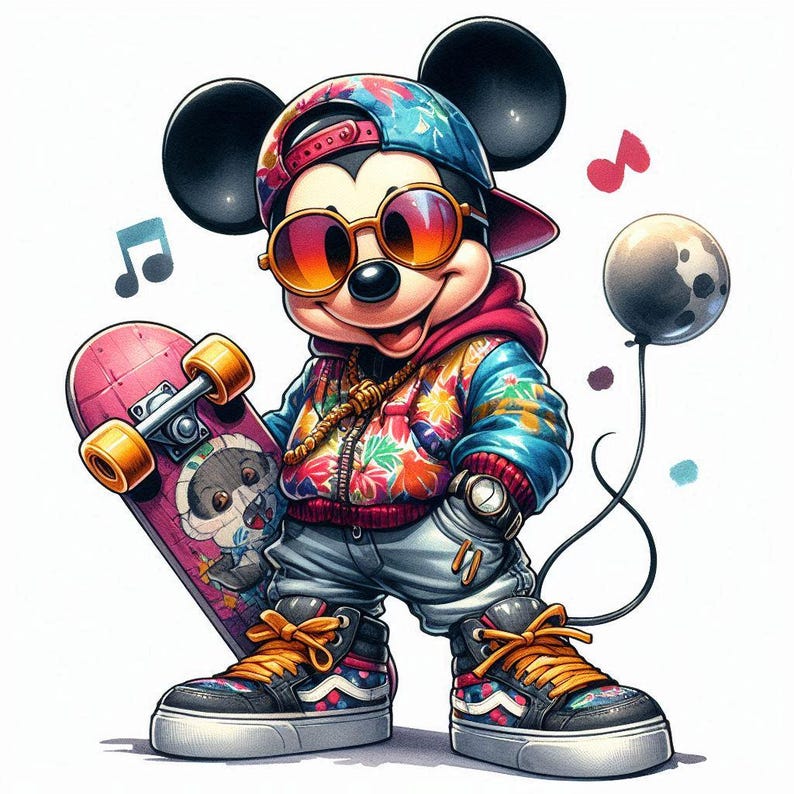 Peut inclure: Une illustration de dessin anim&eacute; de Mickey Mouse portant une chemise hawa&iuml;enne color&eacute;e, des lunettes de soleil, une casquette de baseball et des baskets. Il tient une planche &agrave; roulettes rose avec un animal de dessin anim&eacute; dessus. Il y a des notes de musique et un ballon en arri&egrave;re-plan.