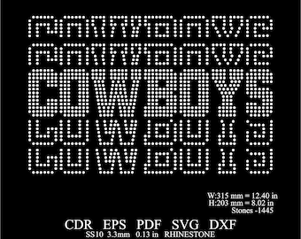 May include: A black and white rhinestone design of the word "COWBOYS" with the text "LUWD" repeated below. The design is 12.40 inches wide and 8.02 inches tall and uses 1445 rhinestones. The design is available in CDR, EPS, PDF, SVG, and DXF formats. The rhinestones are size 10, 3.3 mm, or 0.13 inches.