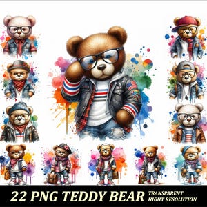 22 PNG Teddybär Bundle Farbe Png Hochwertiger Sublimationsdruck Street Style Teddybär T-Shirt PNG Urban und Street Design Dtf Design