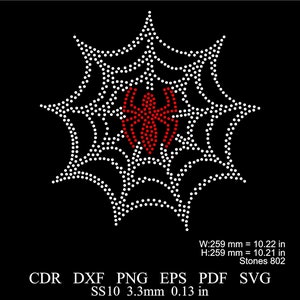 Op de afbeelding: Een wit spinnenweb met een rode spin in het midden. Het web is gemaakt van strass en is 259 mm breed en 259 mm hoog. Het is gemaakt met 802 strasssteentjes.