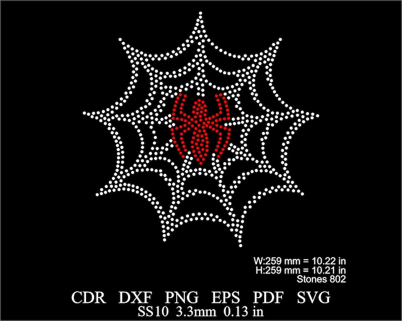 May include: A white spider web with a red spider in the center. The web is made of rhinestones and is 10.22 inches wide and 10.21 inches tall. It is made with 802 rhinestones.
