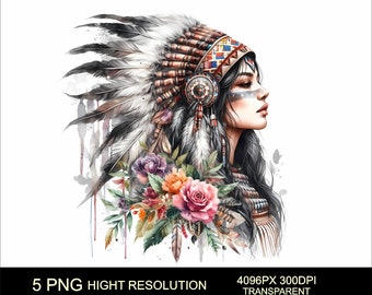 May include: A watercolor painting of a woman with long black hair wearing a traditional Native American headdress with feathers. She has a floral bouquet in her hand and is looking to the side. The background is white.