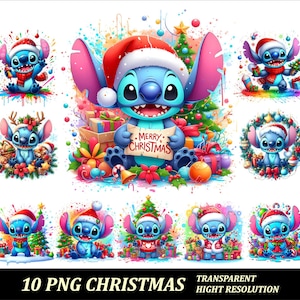 Puede incluir: Diez imágenes digitales de Stitch de Lilo & Stitch vestido con varios atuendos navideños. Stitch lleva un gorro de Papá Noel, un disfraz de árbol de Navidad y otros atuendos festivos. Las imágenes están sobre un fondo blanco con salpicaduras de acuarela de colores.