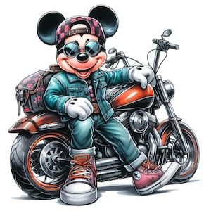 May include: A cartoon illustration of Mickey Mouse wearing a red and black plaid hat, sunglasses, and a denim jacket. He is sitting on a red and black motorcycle with a floral patterned saddlebag.