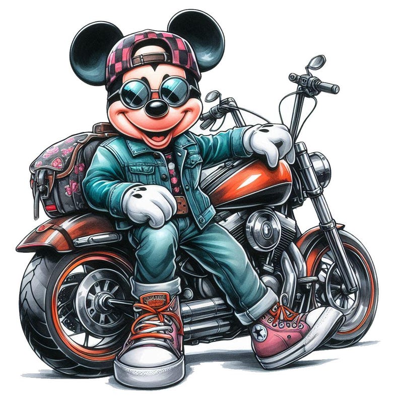 May include: A cartoon illustration of Mickey Mouse wearing a red and black plaid hat, sunglasses, and a denim jacket. He is sitting on a red and black motorcycle with a floral patterned saddlebag.