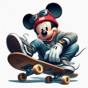 Peut inclure: Mickey Mouse porte un bonnet rouge avec l'inscription "MKI", des lunettes de soleil, un sweat-shirt gris et un jean bleu. Il fait du skateboard. Il porte des gants blancs et une montre au poignet gauche. Le skateboard a un design color&eacute;.