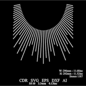 May include: A white rhinestone necklace design with a geometric pattern. The design is 11.68 inches wide and 11.52 inches tall. It uses 1187 rhinestones.