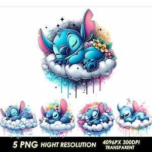 May include: Five digital illustrations of Stitch from Lilo & Stitch sleeping on a cloud with a watercolor background. Each image features Stitch in a different pose, with a different color scheme.