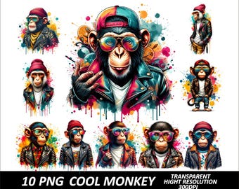 10 PNG StreetWear Monkey Design Bundle High Quality Sublimation Printing Urban Monkeys Transparent Png Sublimation Street Style Monkey