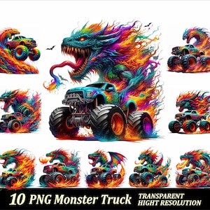 Monster Trucks 10 Png Bundle Design High Quality Sublimation Printing Dragon Monster Truck Clipart T-Shirt PNG Off-Road Vehicle Clipart Png