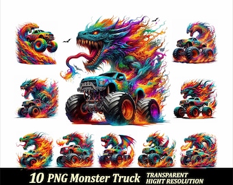 Ensemble Monster Trucks 10 PNG, impression par sublimation, Dragon Monster Truck Clipart T-Shirt PNG, véhicule tout-terrain