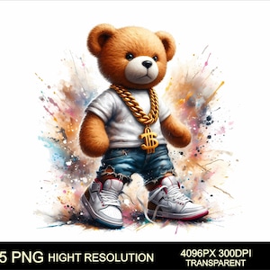 5 Png Hip Hop Teddy Bear Color Png Pack High Quality Sublimation Printing Graffiti Teddy Bear T-Shirt PNG Design Urban and Street Design Png