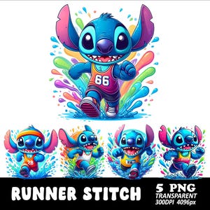 May include: A digital illustration featuring the character Stitch from Lilo & Stitch in a running pose. Stitch is depicted in a basketball jersey with the number 66. The image includes colorful water splash effects and the text "RUNNER STITCH".