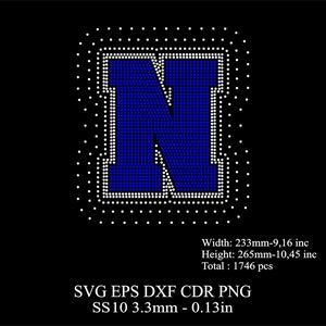 Rhinestone Letters Template SS10 Rhinestone Big N Letters Template Rhinestone Huge N Letters Desing SVG Dxf Png Rhinestone College Fonts