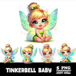 Peut inclure: Illustration numérique d'une fée bébé aux cheveux blonds, aux yeux verts et aux ailes vertes. La fée porte une robe verte et a un nœud vert dans les cheveux. L'image comprend le texte "TINKERBELL BABY" et "5 PNG TRANSPARENT 300DPI 4096px".