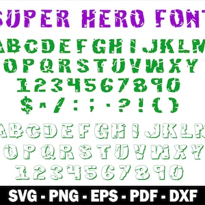 Fuente de superhéroe Svg Letras de superhéroe Svg Camiseta de fuente de héroe Svg Png Números y fuente de superhéroe Svg Alfabeto de dibujos animados Svg