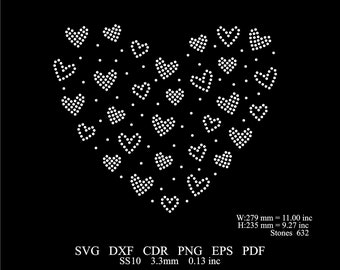 May include: A white heart shape made of small white hearts, with a total of 632 stones, measuring 11 inches wide and 9.27 inches tall.