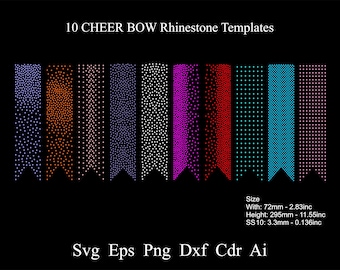 May include: Ten rhinestone templates for cheer bows in various colors, including blue, orange, white, purple, red, and teal, against a black background. The image includes the text "10 CHEER BOW Rhinestone Templates" and file type information. The width is 2.83 inches, and the height is 11.55 inches.