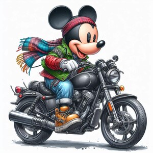 May include: Mickey Mouse, wearing a green jacket, red shirt, blue jeans, and a plaid scarf, rides a black motorcycle.