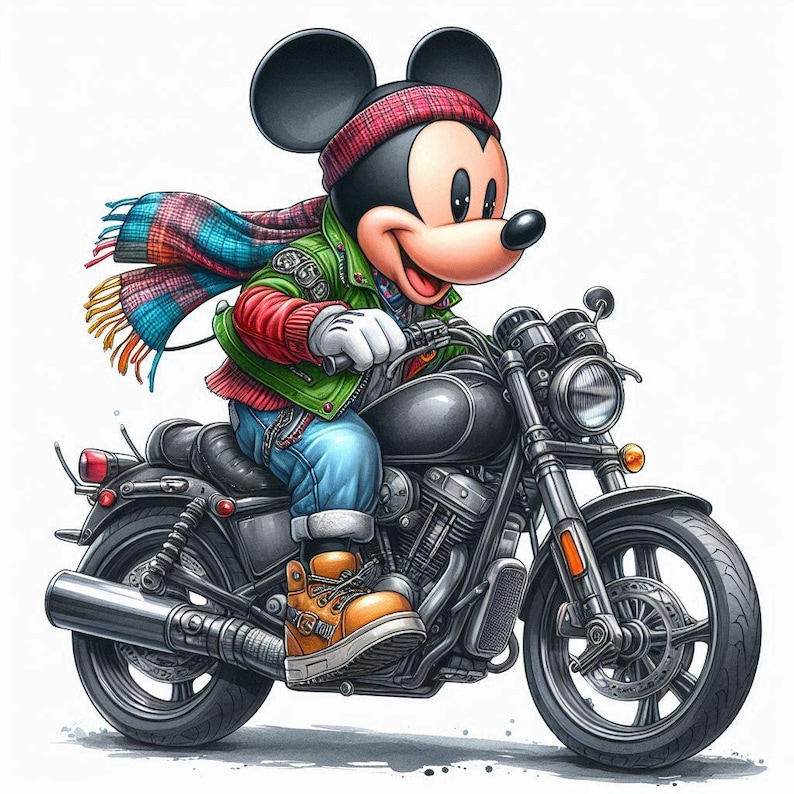 May include: Mickey Mouse, wearing a green jacket, red shirt, blue jeans, and a plaid scarf, rides a black motorcycle.