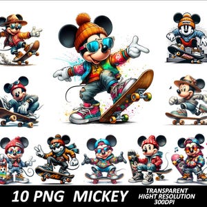 Peut inclure: Dix illustrations num&eacute;riques de Mickey Mouse dans diff&eacute;rentes poses, tous portant des tenues diff&eacute;rentes et tenant des planches &agrave; roulettes. Les illustrations sont de style cartoon et pr&eacute;sentent des couleurs vives, notamment le rouge, le bleu, le vert, le jaune et le noir.
